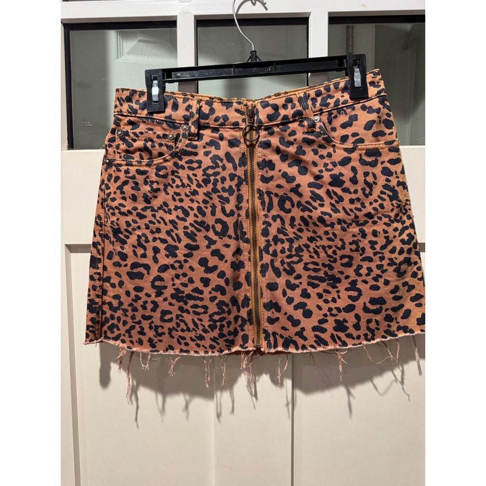 Free People We The Free Leopard Print Denim Mini Skirt Zip Front Raw Hem 26